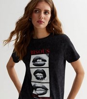 New Look Dark Grey Acid Wash Bisous Lips Logo T-Shirt